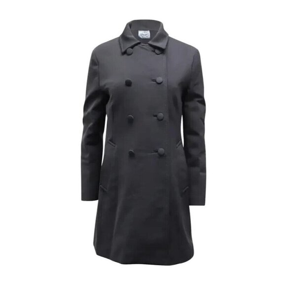 Prada Milano Women's 44 Black Double-Breasted Polyester Trench Coat Mid Length - Picture 1 of 13